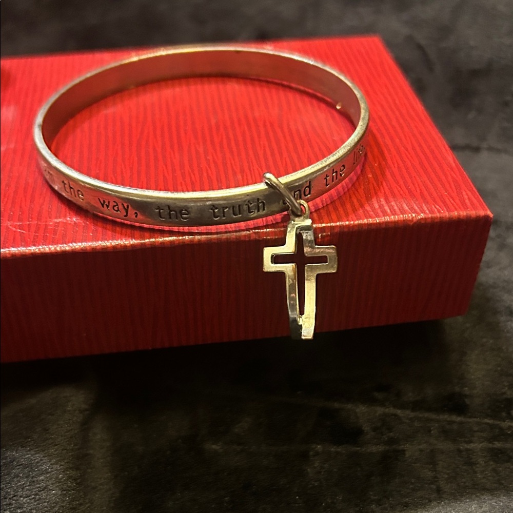 Silver Bangle Bracelet with Cross and Fish Charm